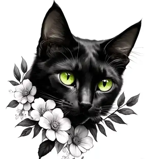 Black Cat Green Eyes Flowers