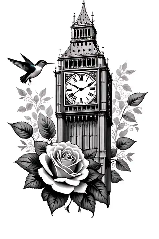 Big Ben Clock Face With Rose Below And A Humming Bird