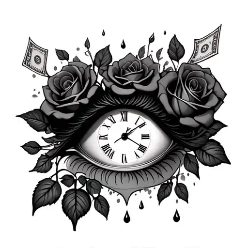 Clock Eye With Roses Money Tear Drops Falling