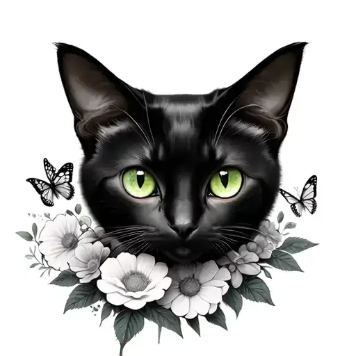 Black Cat Green Eyes Flowers Butterflies