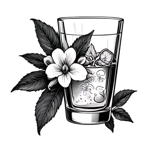 Tequila Shot With Black Nightshade Plant Intertwined