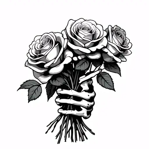 Skeleton Hand Holding A Bouquet Of Withered Roses