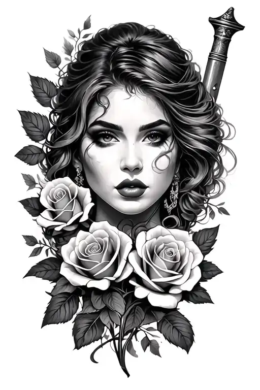 Woman's Face With Roses And A Weapon