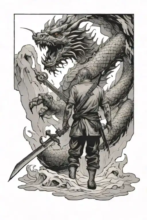 Man With Sword Back Turned Standing In Front Of Chinese Dragon In A Ice Cave