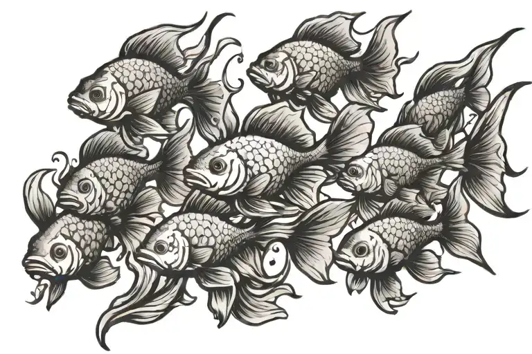 School Of Eight Fancy Goldfish Swimming In A Line