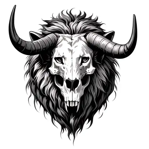 Long Horn Skull Under Desert And Lion Head Emerging