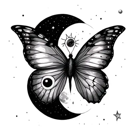 Surrealist Butterfly Celestial With Eyeball And Sun And Moon