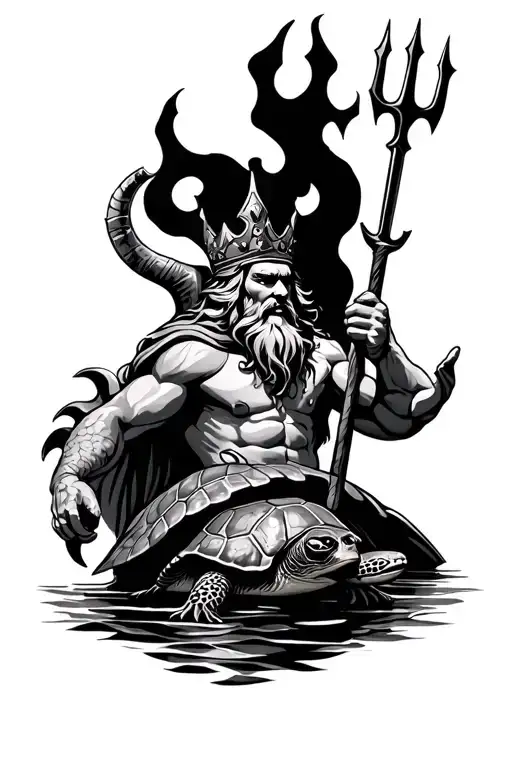 King Neptune With A Trident Holding A Turtle