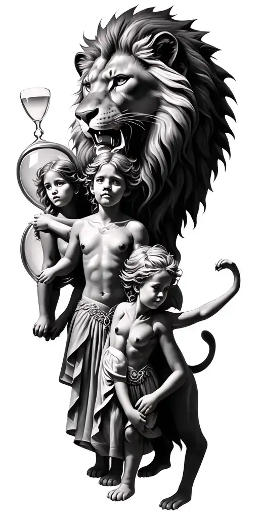 Fierce Lion Protecting 4 Children And Wife With An Hour Glass