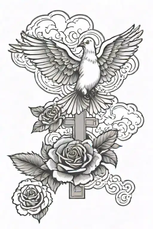 Dove Flying Cross Rose Clouds