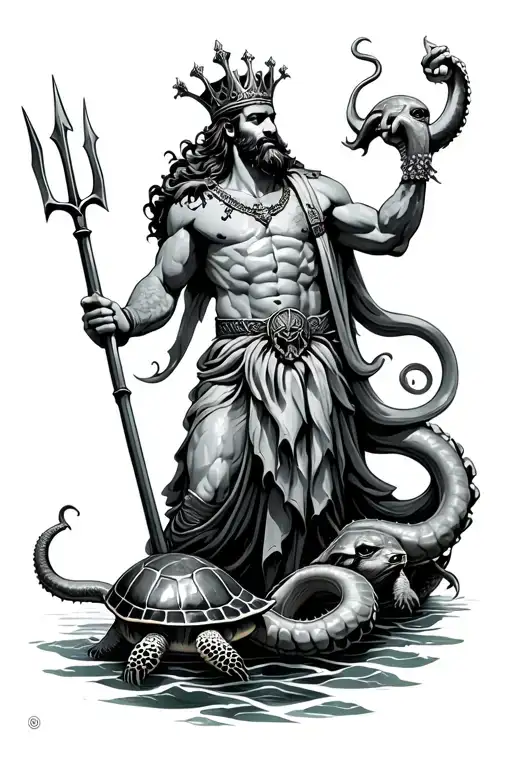 King Neptune With A Trident Holding A Turtle And Being Pulled By A Kraken