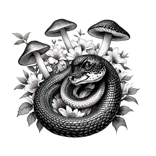Snake Wrapping Around Forearm Surrounded By Mushrooms And Flowers