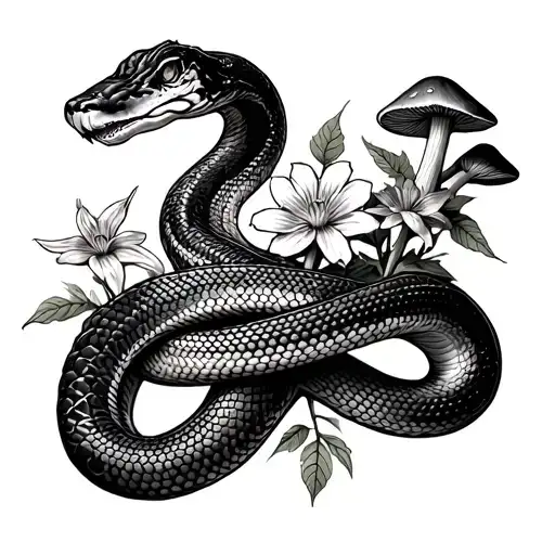 Snake Wrapping Around Forearm Surrounded By Mushrooms And Flowers