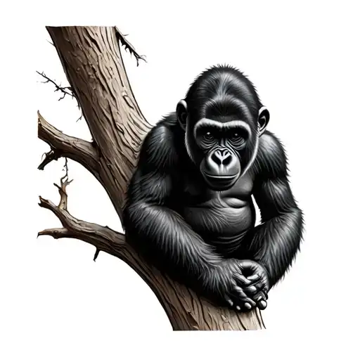 Realistic Happy Baby Gorilla Sitting On A Tree