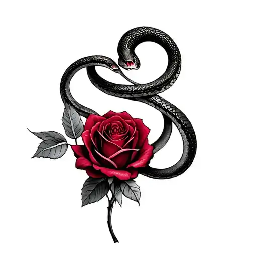 Wine Red Rose With Snake Wrapped Around It With The Flower Do The Rose As A Heart Shape