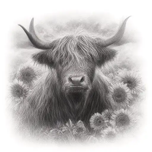 Highland Cow And Sunflowers