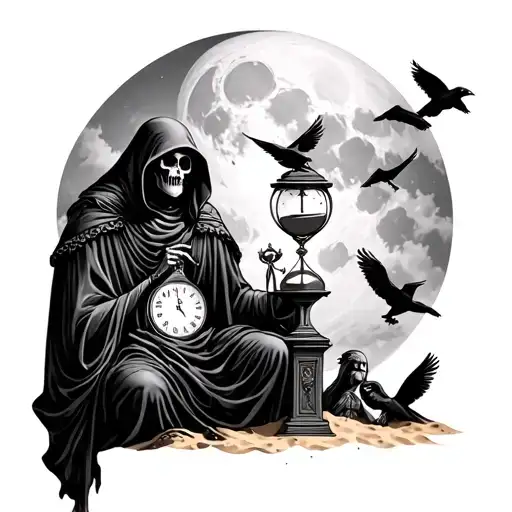 Grim Reaper With Sand Clock And Seath With Moon And Ravens In The Background