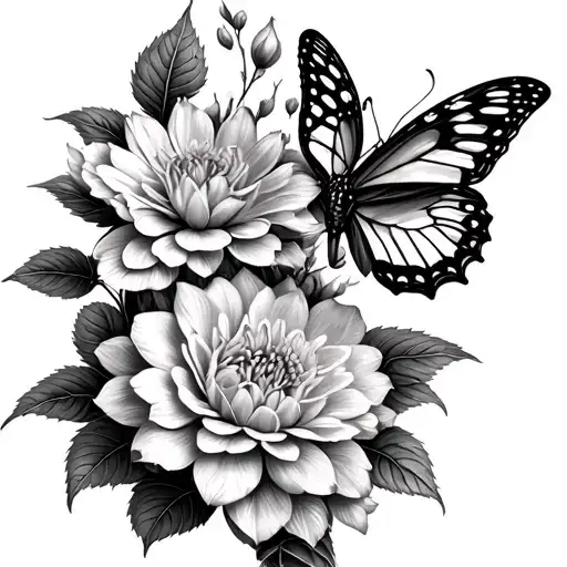 Begonia And Dahlia With Butterfly Tattoo Colored