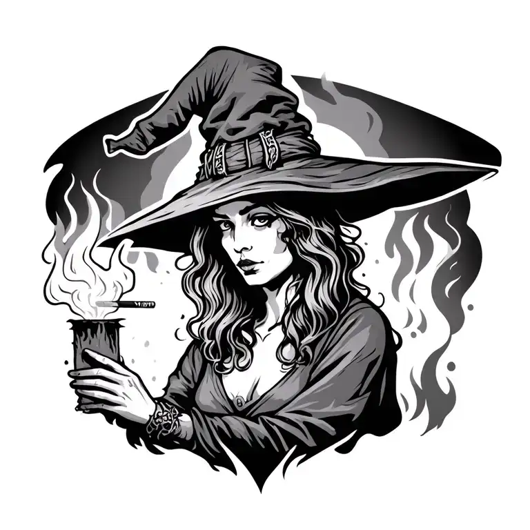 Witch Smoking Cigarette Being Burned At The Stake