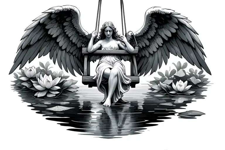 Weeping Angel Swinging On Wooden Swing Looking Down At Water Which Has Lotus Flowers