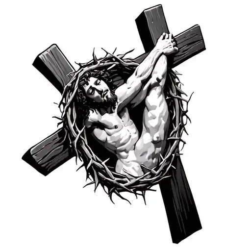 Crown Of Thorns Around A Cross With Jesus Holding It On His Back