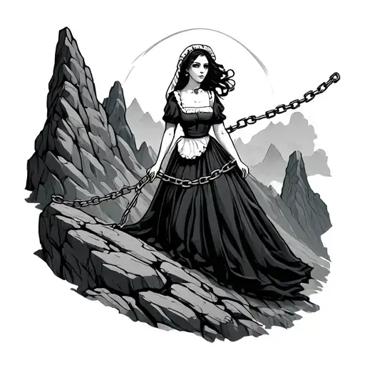 Rocky Moutains With A Maid Girl Is Chained