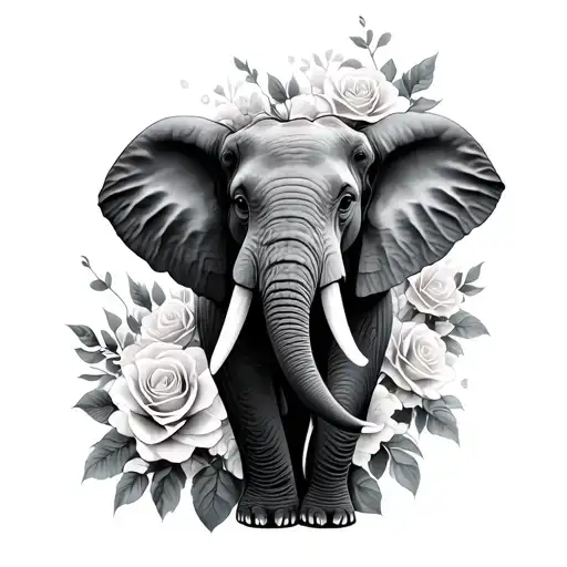 Fine Line Elephant With Roses
