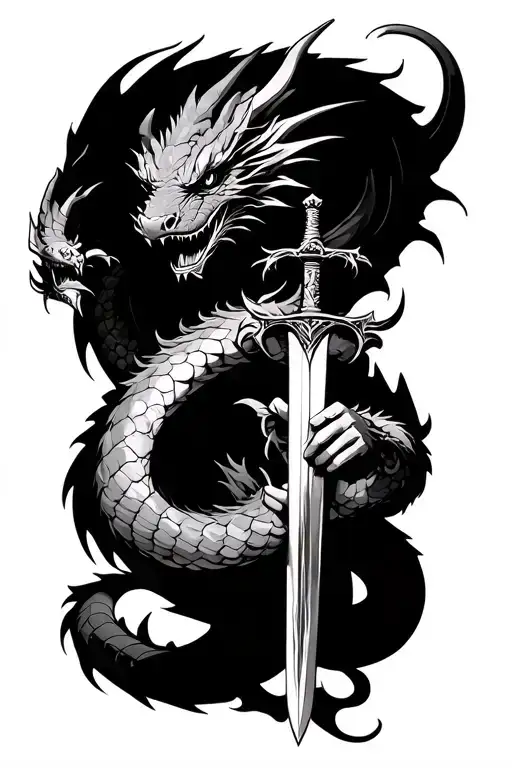 Dragon Wrapped Around Man Holding Sword