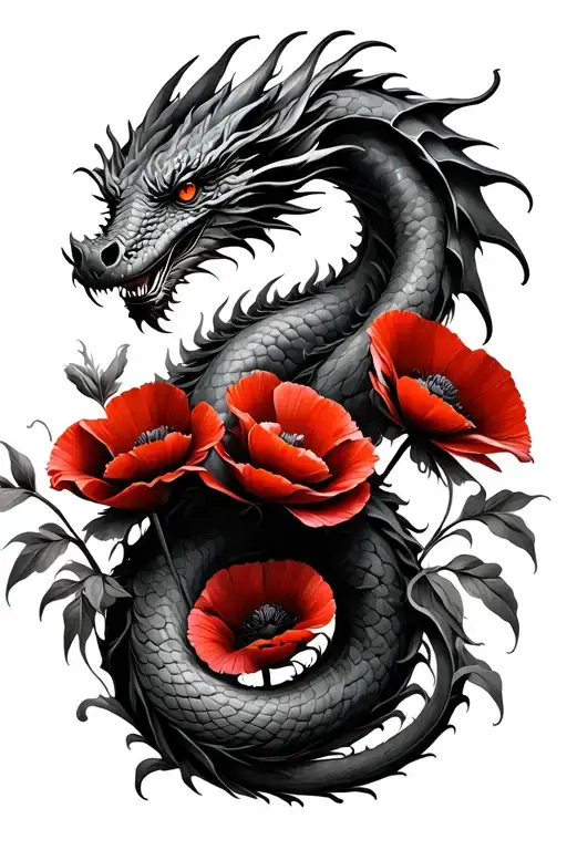Dragon Coiled Around Red Poppies