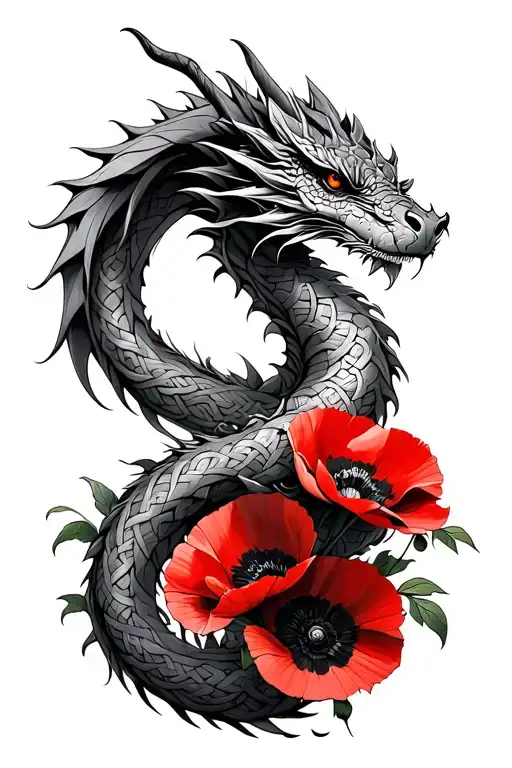 Celtic Dragon Coiled Around Red Poppies