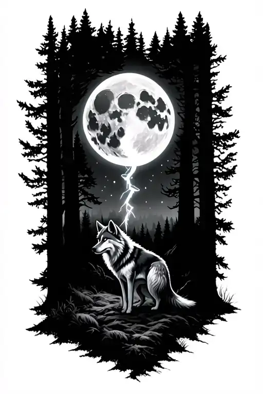 Woods With A Wolf And A Moon And Linghtning