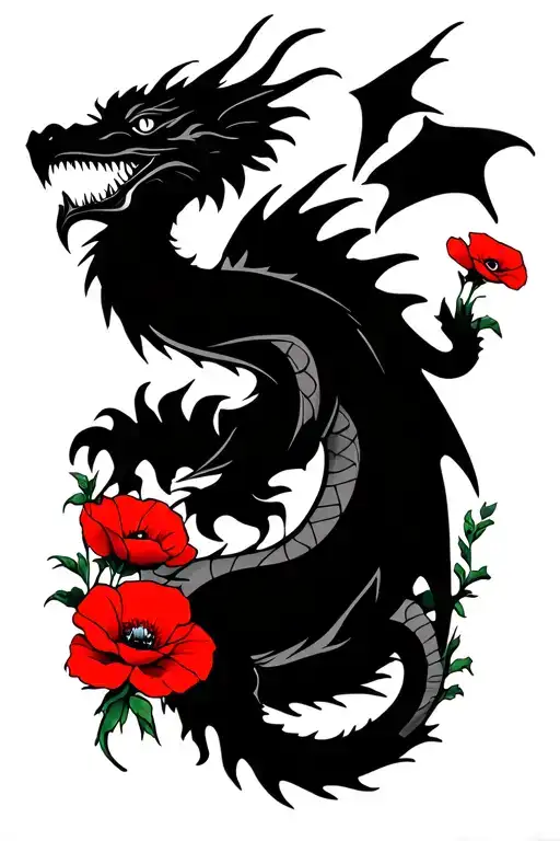 Celtic Dragon Sureounded By Red Poppies