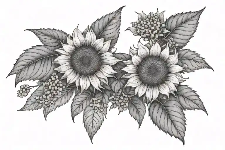 Sunflowers And Viburnum Plant With