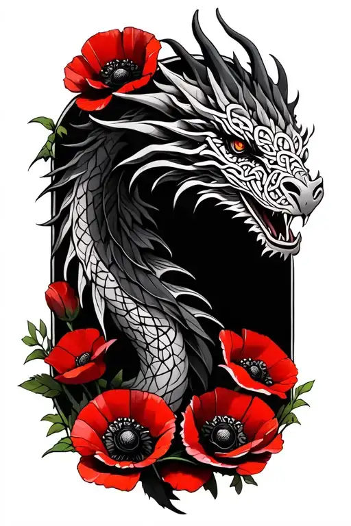 Celtic Dragon Sureounded By Red Poppies