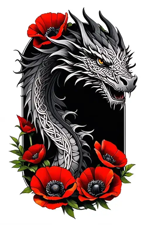 Celtic Dragon Sureounded By Red Poppies