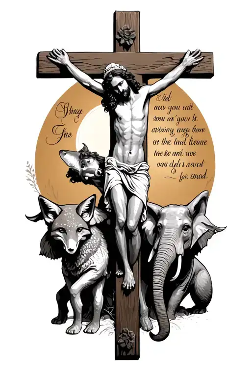 Jesus Crucifixion Scene With Fox And Elephant Surrounded And Bible Verse