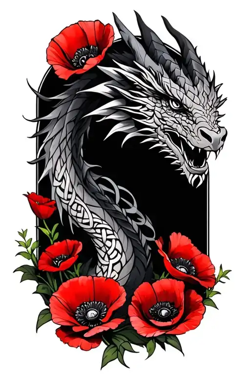 Celtic Dragon Sureounded By Red Poppies