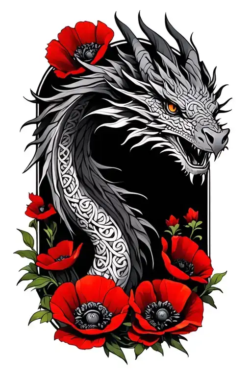 Celtic Dragon Sureounded By Red Poppies