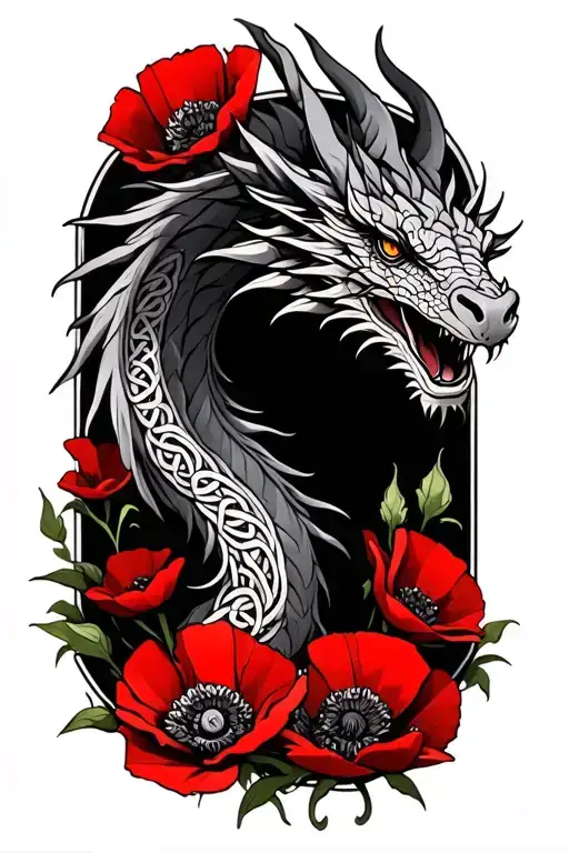 Celtic Dragon Sureounded By Red Poppies