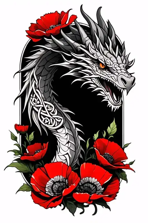 Celtic Dragon Sureounded By Red Poppies