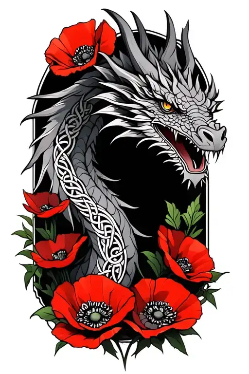 Celtic Dragon Sureounded By Red Poppies