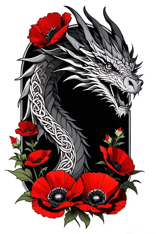 Celtic Dragon Sureounded By Red Poppies