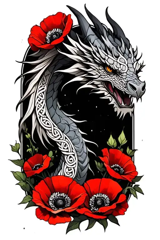 Celtic Dragon With Red Poppies Under