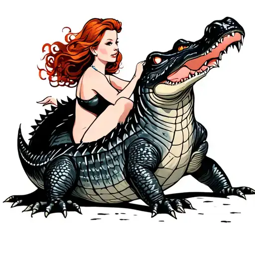 Redhead Girl Riding Alligator Pinup Girl