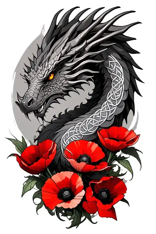 Celtic Dragon With Red Poppies Under