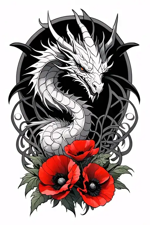 Celtic Dragon With Red Poppies Under