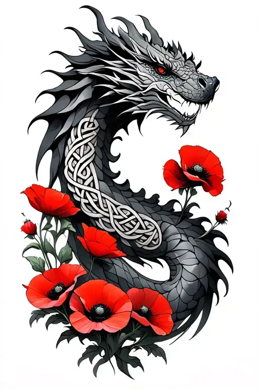 Celtic Dragon With Red Poppies Under