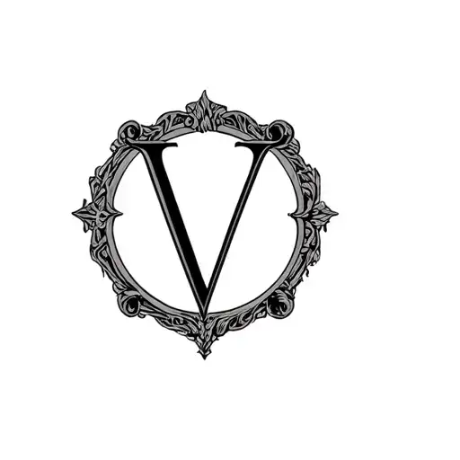 Baroque Letter V Centered In Simple Circle With Filigree