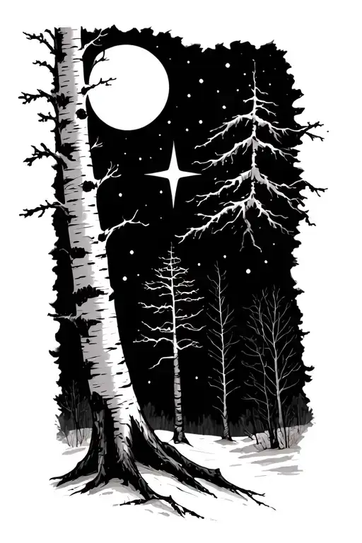 North Star Above Birch Tree