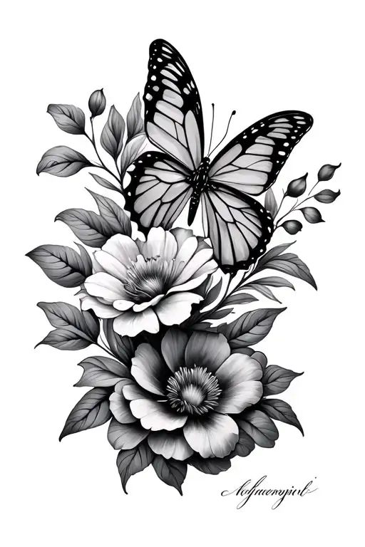 Floral Design With A Butterfly And Signature